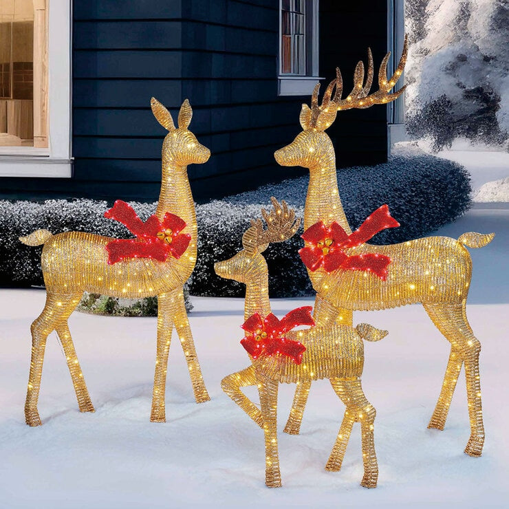 Gold deer family set of three with LED lights UK version