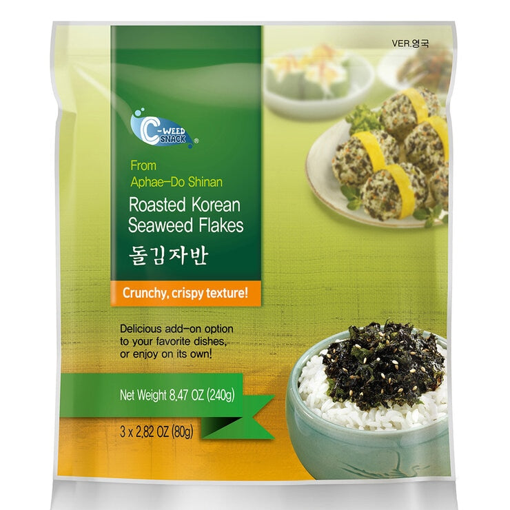 C-Weed Snack roasted Korean seaweed flakes 3x80g, imported from the UK