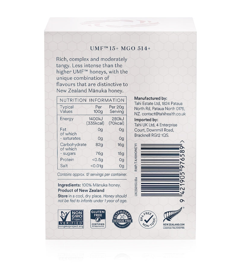Tahi Manuka Honey UMF 15+ MGO 514+ 250g, imported from the UK