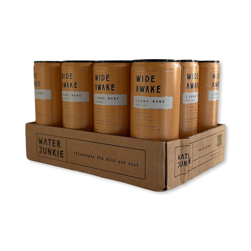 Water Junkie Lion's Mane sparkling drink 250ml cans 12 pack, UK version