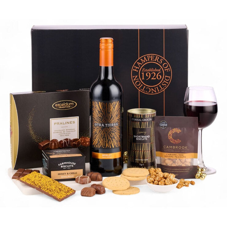 Spicers of Hythe celebration hamper with Merlot wine and treats, imported from the UK