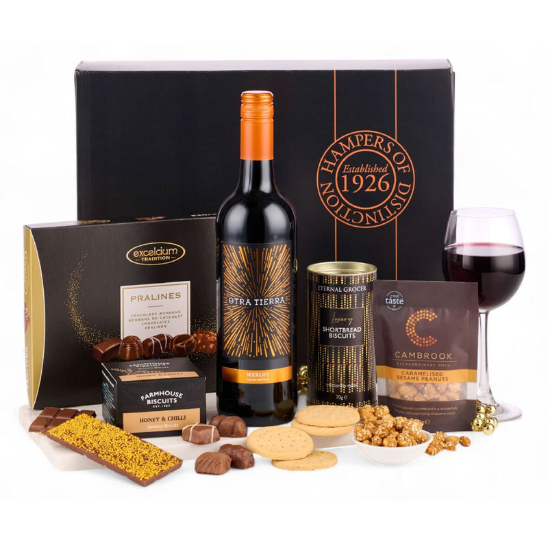 Spicers of Hythe celebration hamper with Merlot wine and treats, imported from the UK
