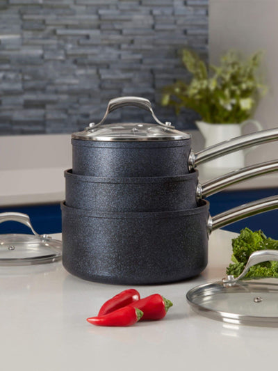 Next Tower Grey TruStone 3 Piece Saucepan Set (16cm, 18cm, 20cm)- Buy online at McGrocer