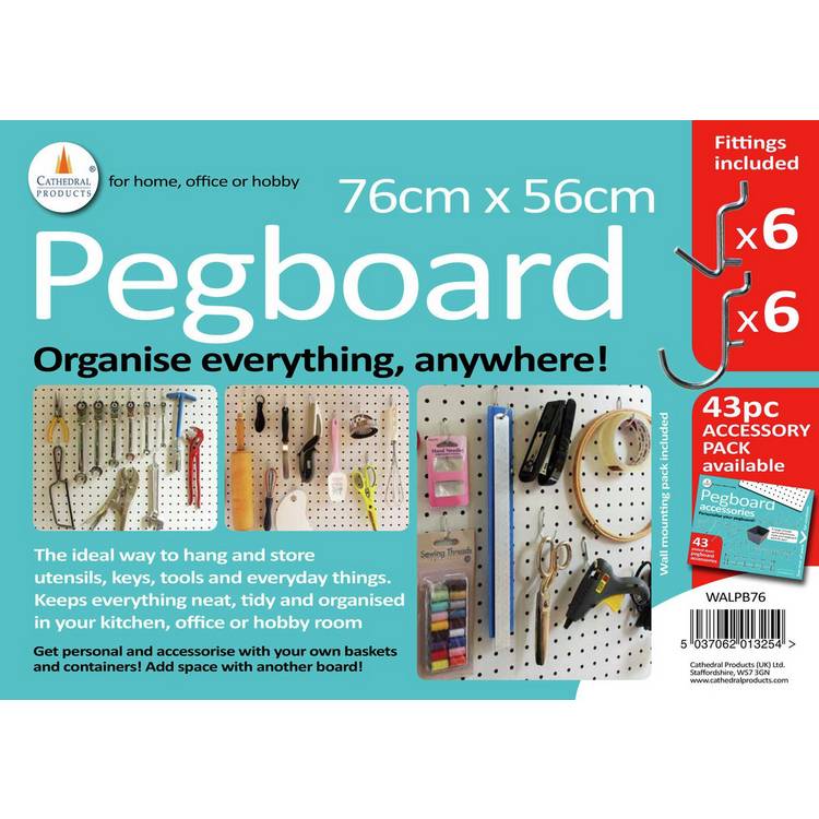 Cathedral white pegboard 76x56cm with 12 hooks (British brand)