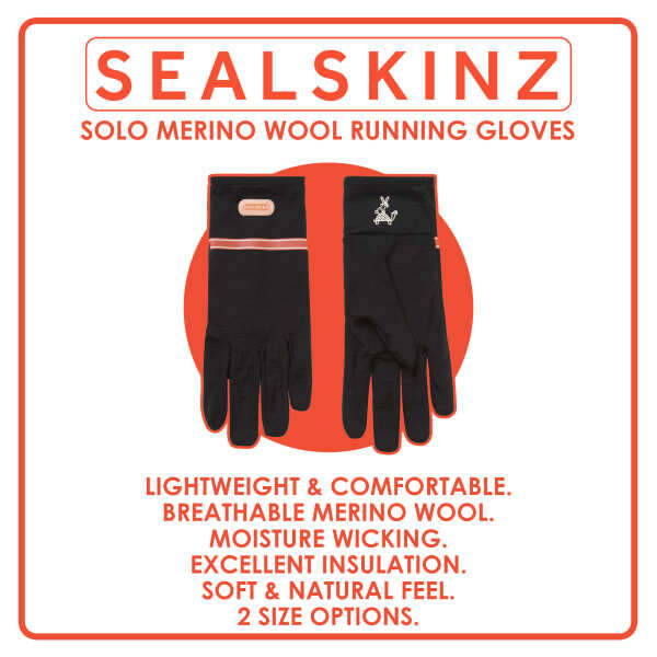 Sealskinz Solo Merino running gloves, imported from the UK