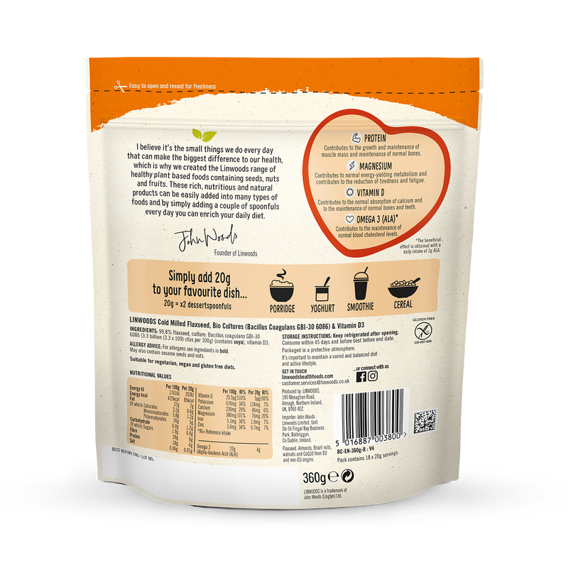 Linwoods milled flaxseed BioCultures Vitamin D 360g, UK version