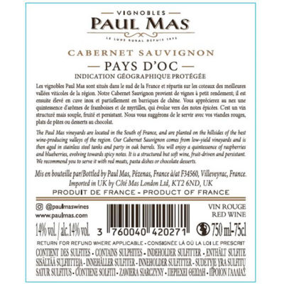 Paul Mas Cabernet Sauvignon 75cl French red wine (British brand)