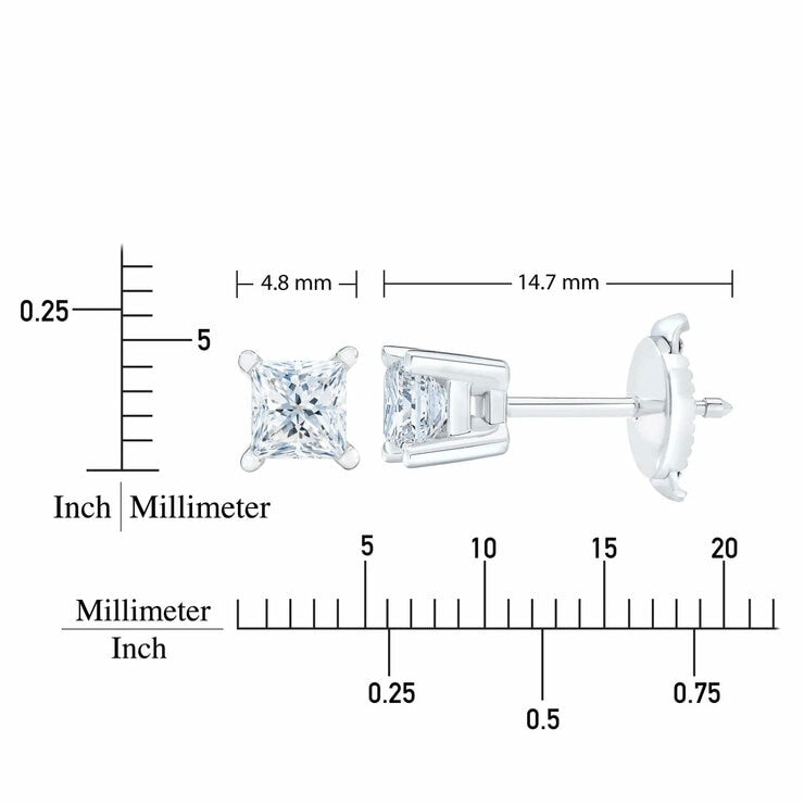 Princess cut diamond stud earrings 0.73ctw 14ct white gold - British product