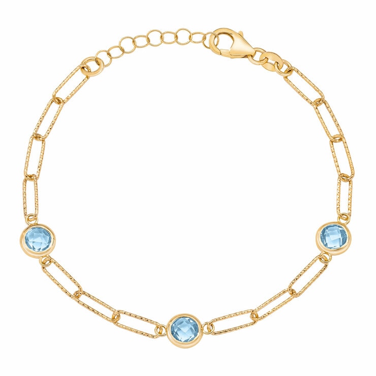 Round cut aquamarine paperclip bracelet 14ct yellow gold, UK version