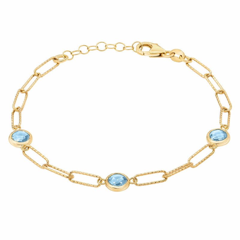 Round cut aquamarine paperclip bracelet 14ct yellow gold, UK version