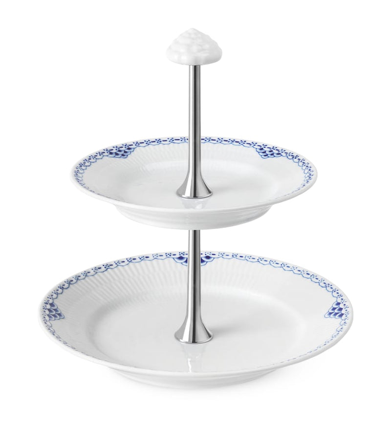 Royal Copenhagen two-tier hand-painted cake stand with lace border, 24cm diameter, imported from the UK