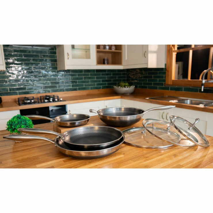 Pro Steel Fusion 7-Piece Cookware Set with Fry Pans and Wok, imported from the UK