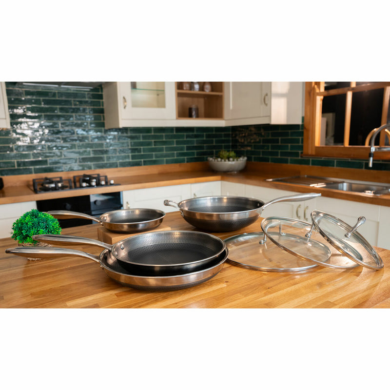 Pro Steel Fusion 7-Piece Cookware Set with Fry Pans and Wok, imported from the UK