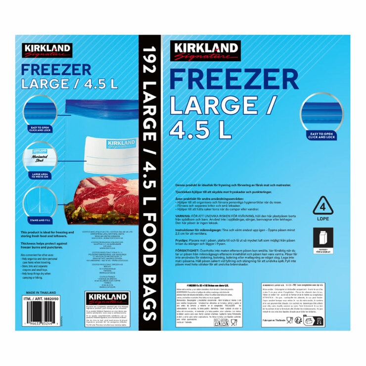 Kirkland Signature large freezer bags 4.5L 192 count, imported from the UK