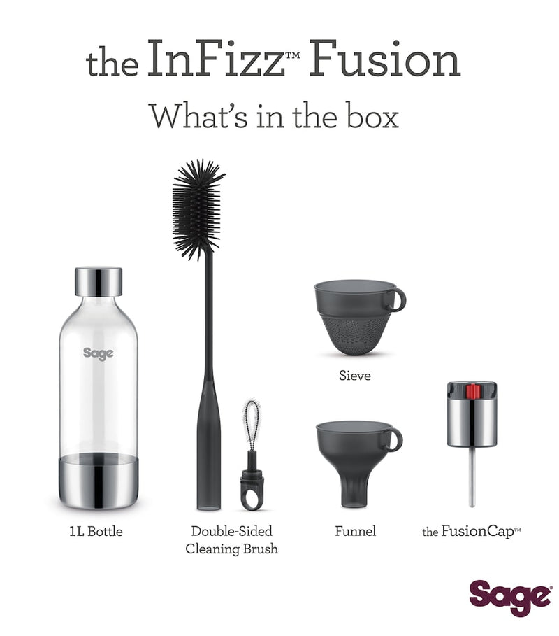 Sage sparkling drink maker with 1L bottle and FusionCap (British brand)