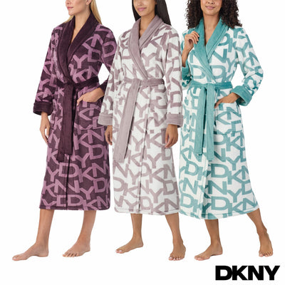 روب DKNY طويل مخملي بياقة شال للنساء ملابس منزلية