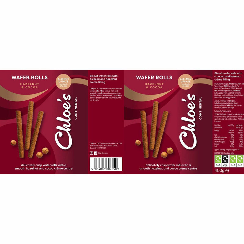 Chloe's hazelnut and cocoa wafer rolls 2 x 400g - British product