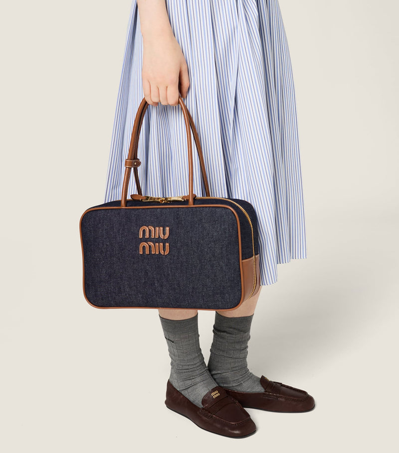 Miu Miu Beau denim top-handle bag with calf leather trims (British brand)