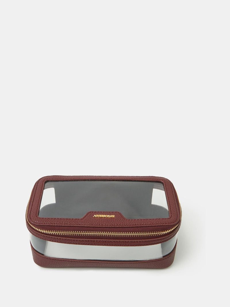 Accessorize red clear travel makeup bag with burgundy piping (British brand)
