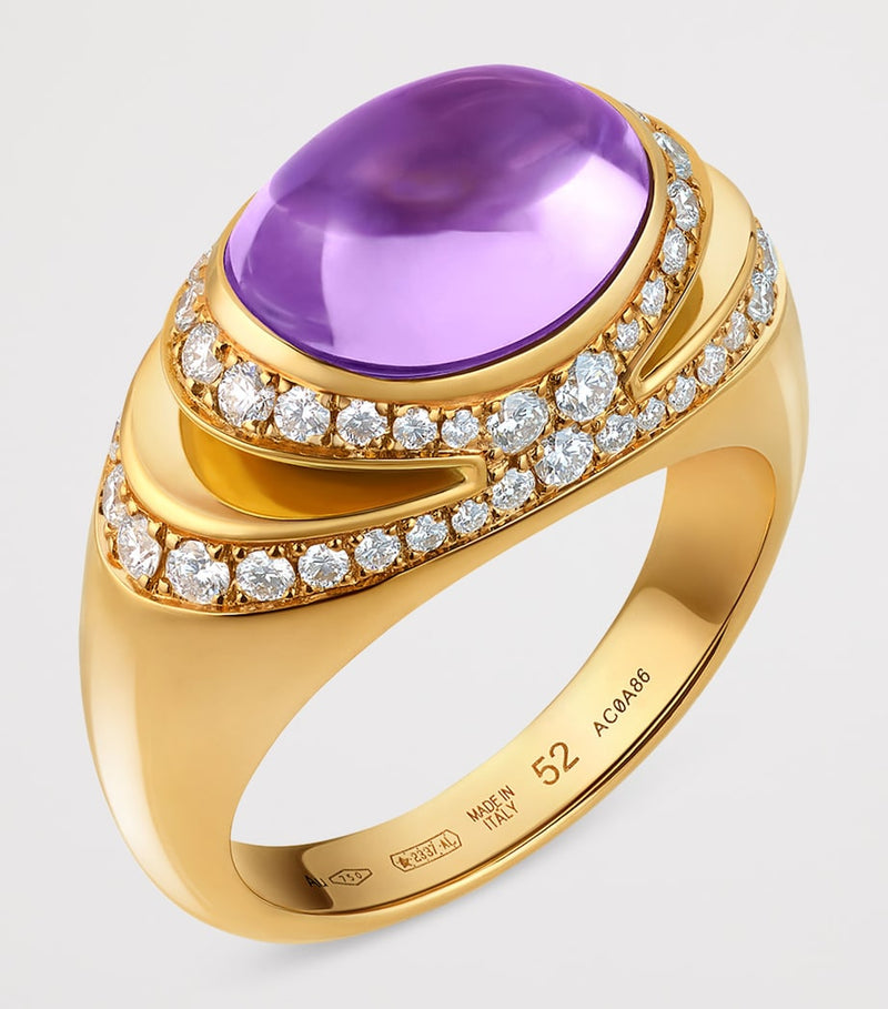 Bvlgari yellow gold diamond amethyst cabochon ring, imported from the UK