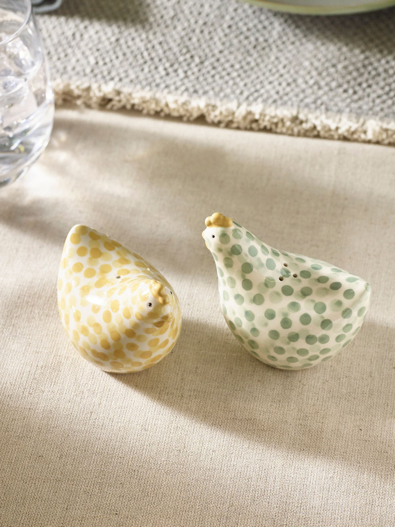 Salt and pepper shakers with Pat and Peggy chicken design in sage green (British brand)