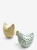 Salt and pepper shakers with Pat and Peggy chicken design in sage green (British brand)