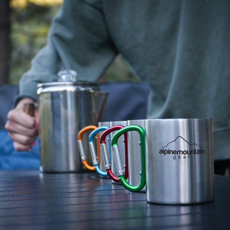 Alpine Mountain Gear percolator set with four carabiner mugs, UK version
