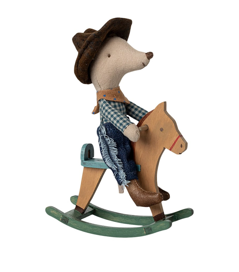Maileg Cowboy Mouse and rocking horse toy set 12cm, imported from the UK