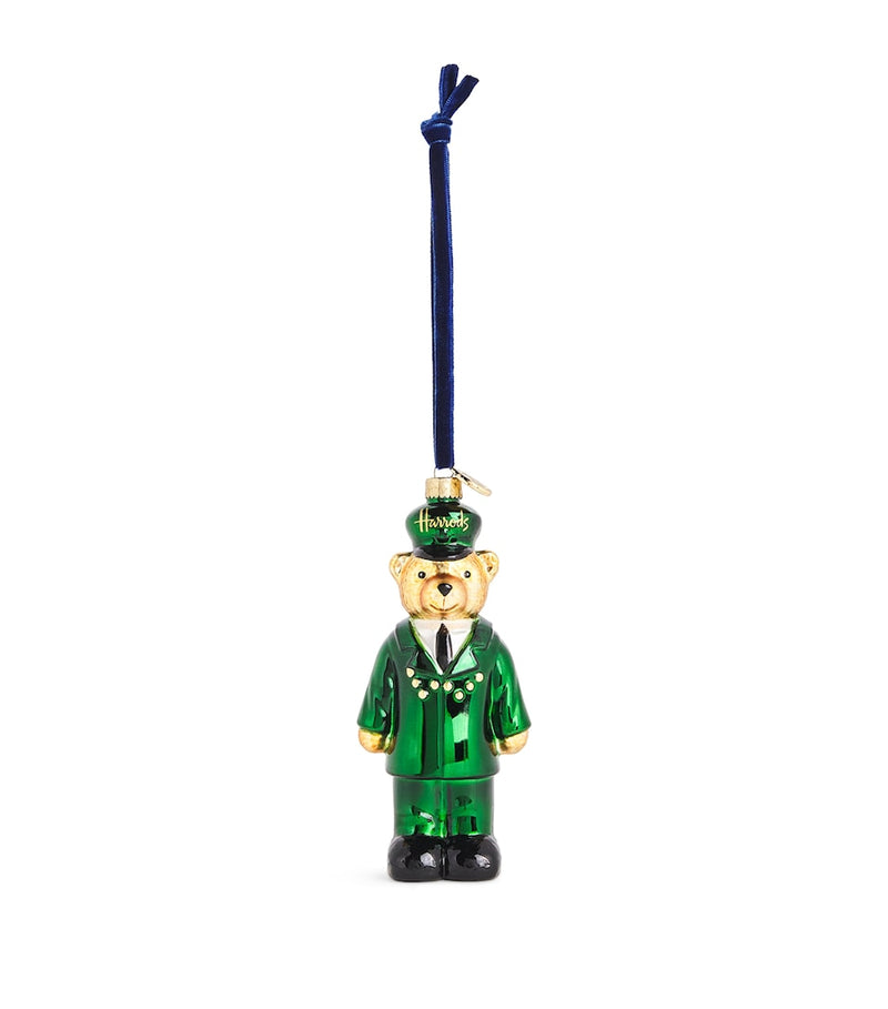 Harrods Green Man bear ornament with glass outer and velvet loop, UK version