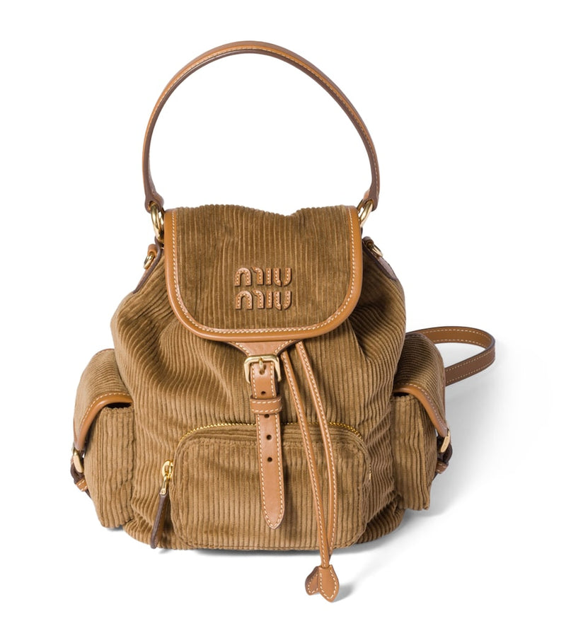Miu Miu medium corduroy leather-trim backpack, imported from the UK