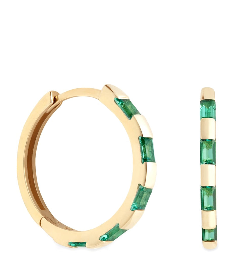 Astrid & Miyu yellow gold emerald baguette hoop earrings, UK version