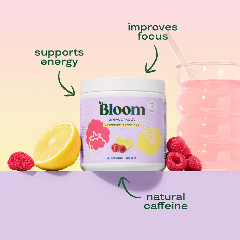 Bloom Pre-Workout Raspberry Lemonade 186g, imported from the UK