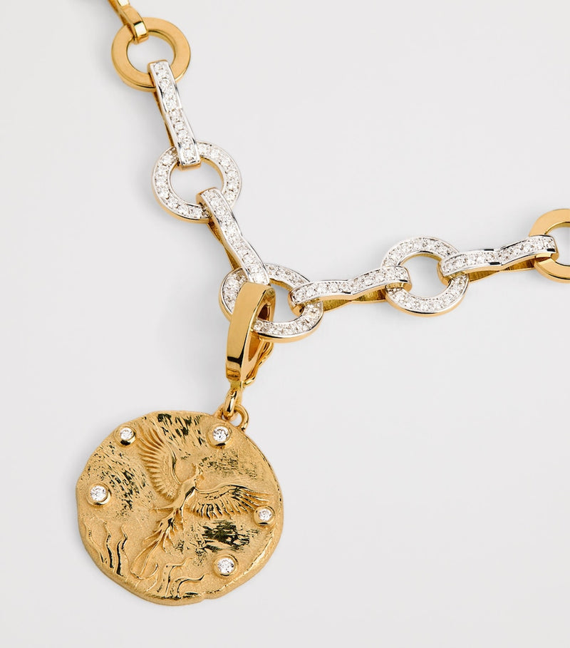Azlee phoenix coin charm in 18k yellow gold with diamonds, UK version