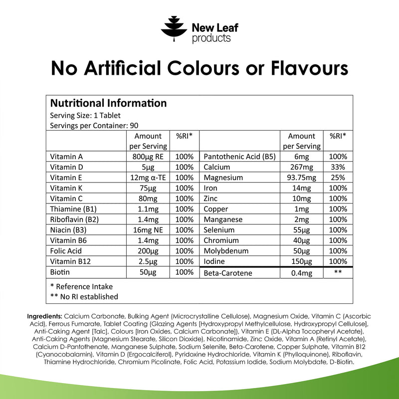 New Leaf multivitamin tablets 90 count, UK version