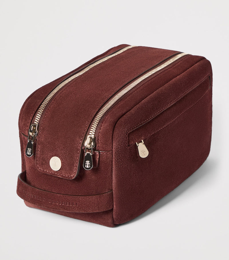 Brunello Cucinelli suede zipped wash bag, imported from the UK