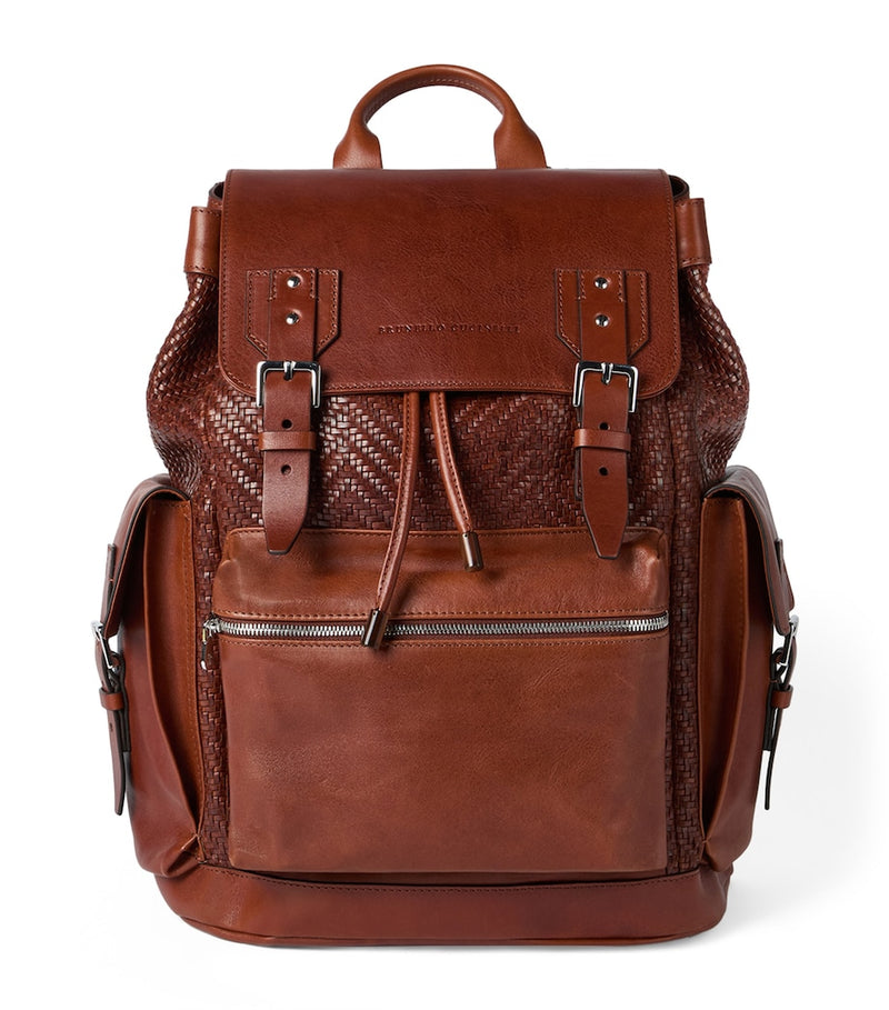 Brunello Cucinelli leather woven backpack with gold hardware - British product