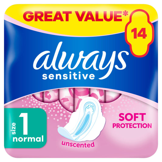 Always Sensitive Normal Ultra (Size 1) Sanitary Towels Wings x14 feminine care Sainsburys   