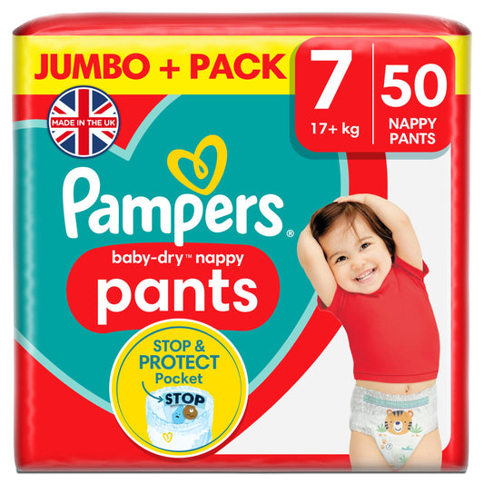 Pampers Baby Dry Nappy Pants Jumbo+ Pack Nappies Size 7, 17kg+ x50 nappies Sainsburys   