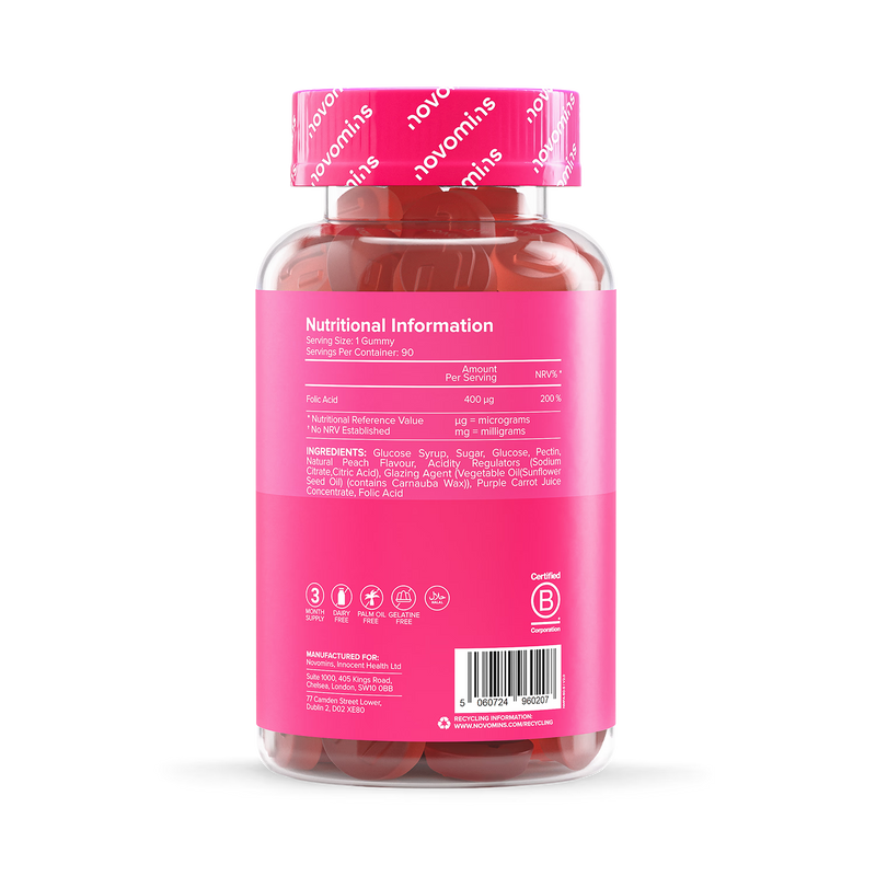 Novomins folic acid gummies peach 400µg 90 count - British product