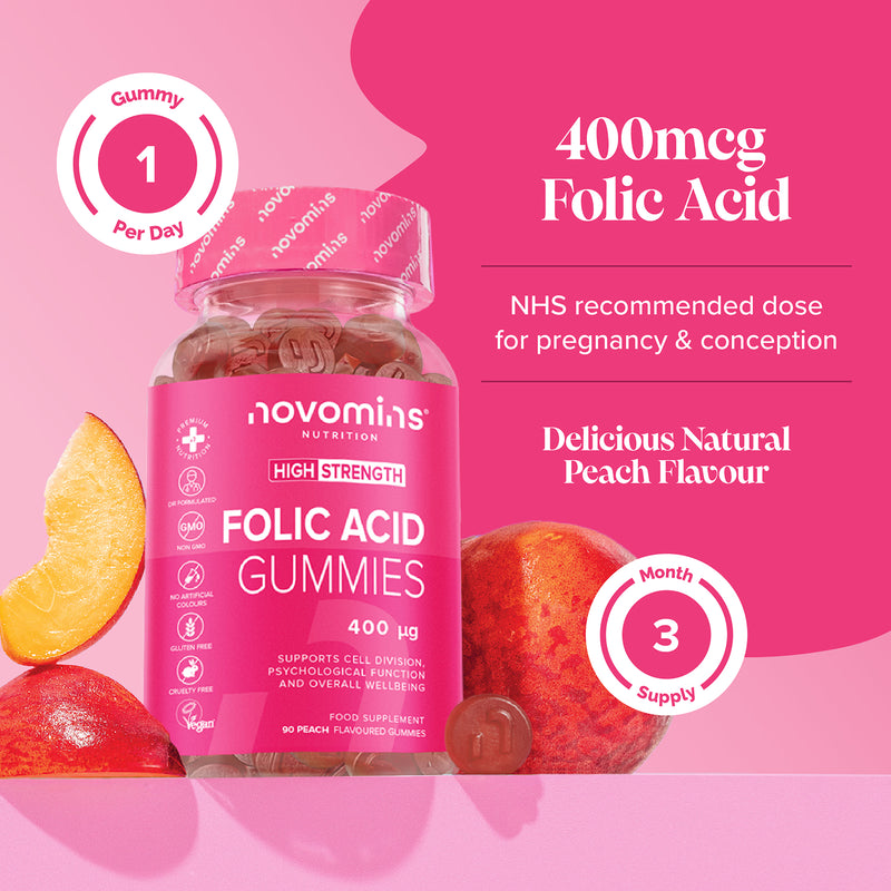 Novomins folic acid gummies peach 400µg 90 count - British product