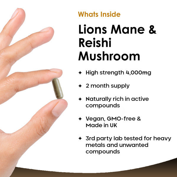 New Leaf Lions Mane Reishi 4000mg vegan capsules, UK version