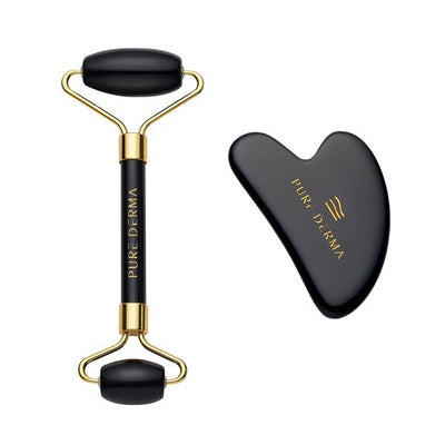 Pure Derma London Ensemble Outil de Soin de la Peau Pierre de Massage Gua Sha et Rouleau en Obsidienne Noire