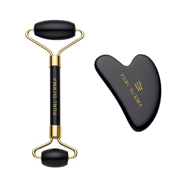 Pure Derma London Black Obsidian Gua Sha & Face Roller Set, imported from the UK