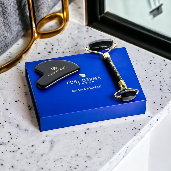 Pure Derma London Black Obsidian Gua Sha & Face Roller Set, imported from the UK