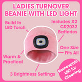 Sock Snob ladies knitted beanie hat with LED headlamp, UK version