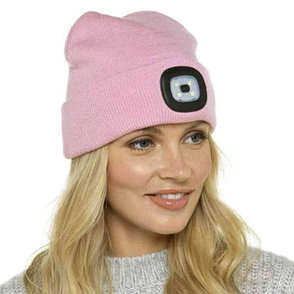Sock Snob ladies knitted beanie hat with LED headlamp, UK version