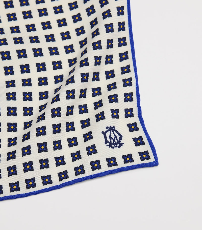 Dunhill mulberry silk pocket square with geometric flower print (British brand)