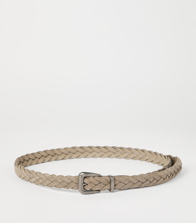 Brunello Cucinelli leather braided belt silver-tone buckle, UK version