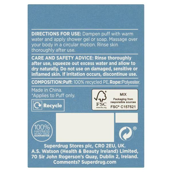 Superdrug green cleansing body puff for skin care (British brand)