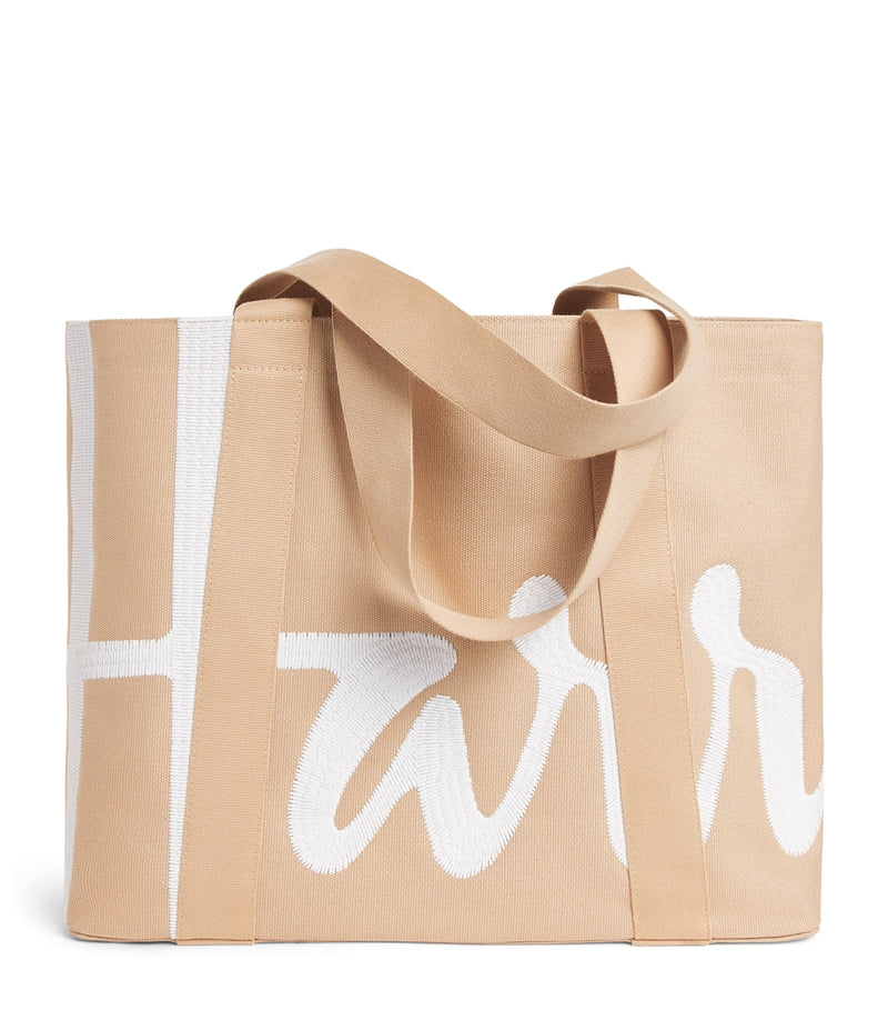 Harrods medium beige tote bag with embroidered logo, imported from the UK